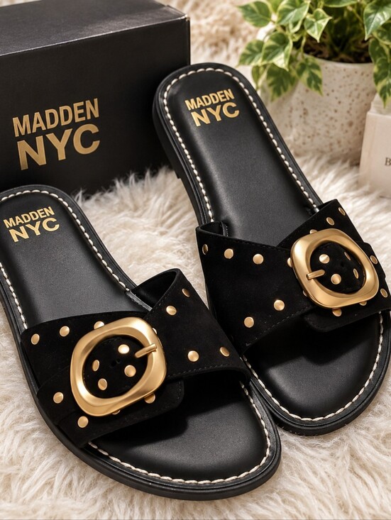 Madden Nyc Shoes - Madden NYC Black Slide Sandals with Gold Buckle Size 9